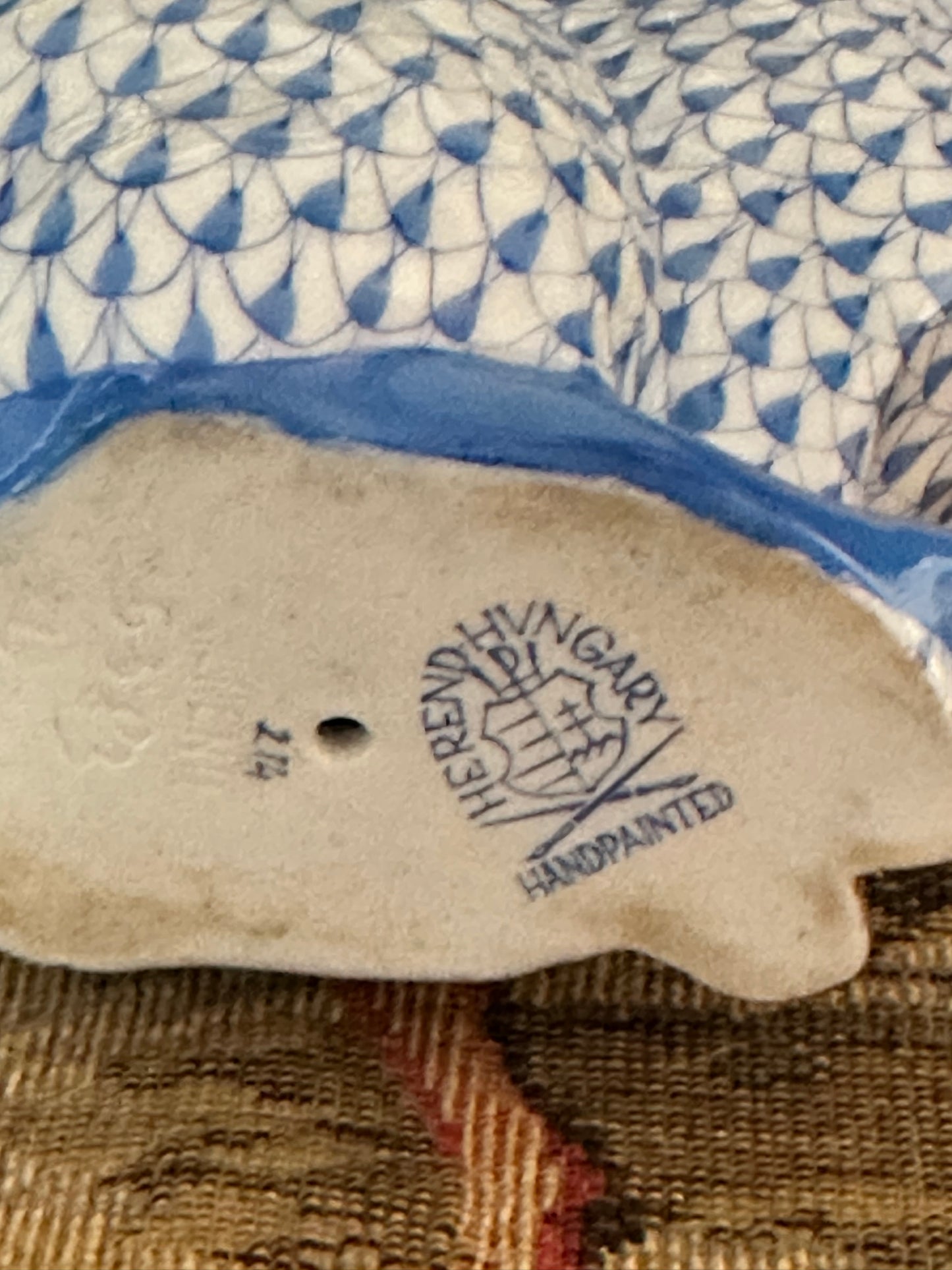 Herend Hungary Blue Fishnet Cat Figurine | Handpainted Porcelain