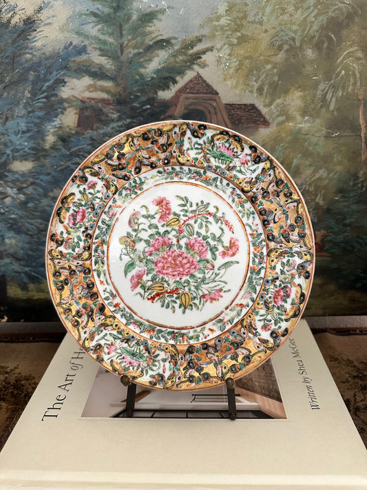 Antique Chinese Rose Canton Plates | Butterfly Border | 8.5"| Seven Available