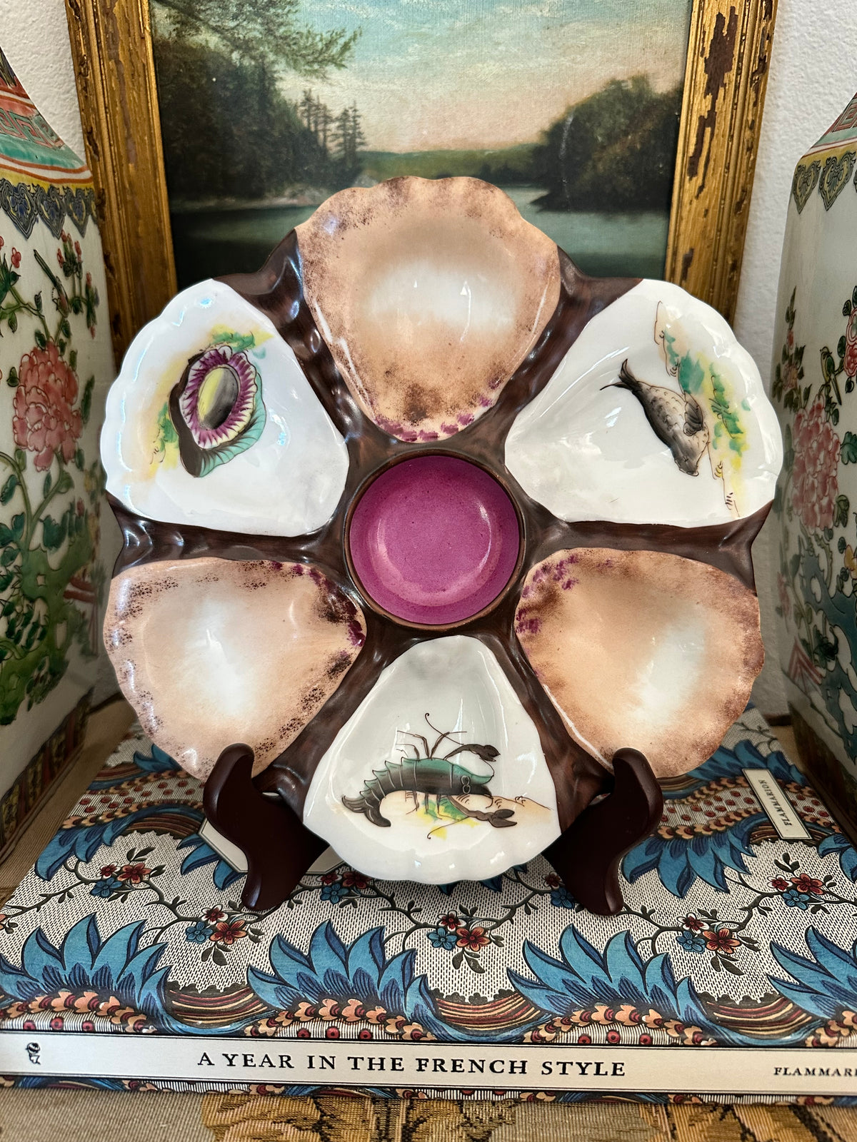 Antique French Porcelain Oyster Plate with Sea Life