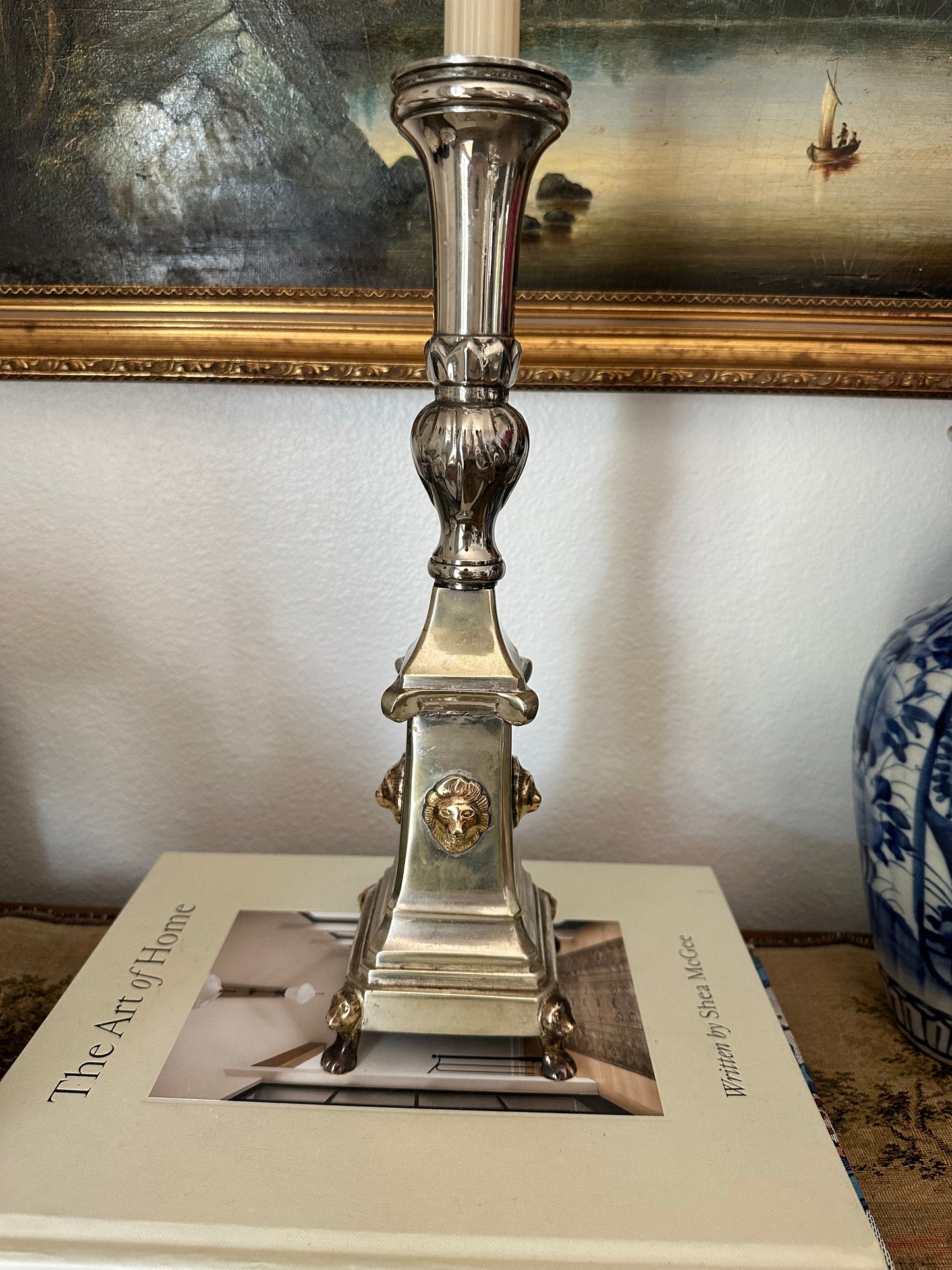 Early 20th Century Silver Plate Candlestick with Lions