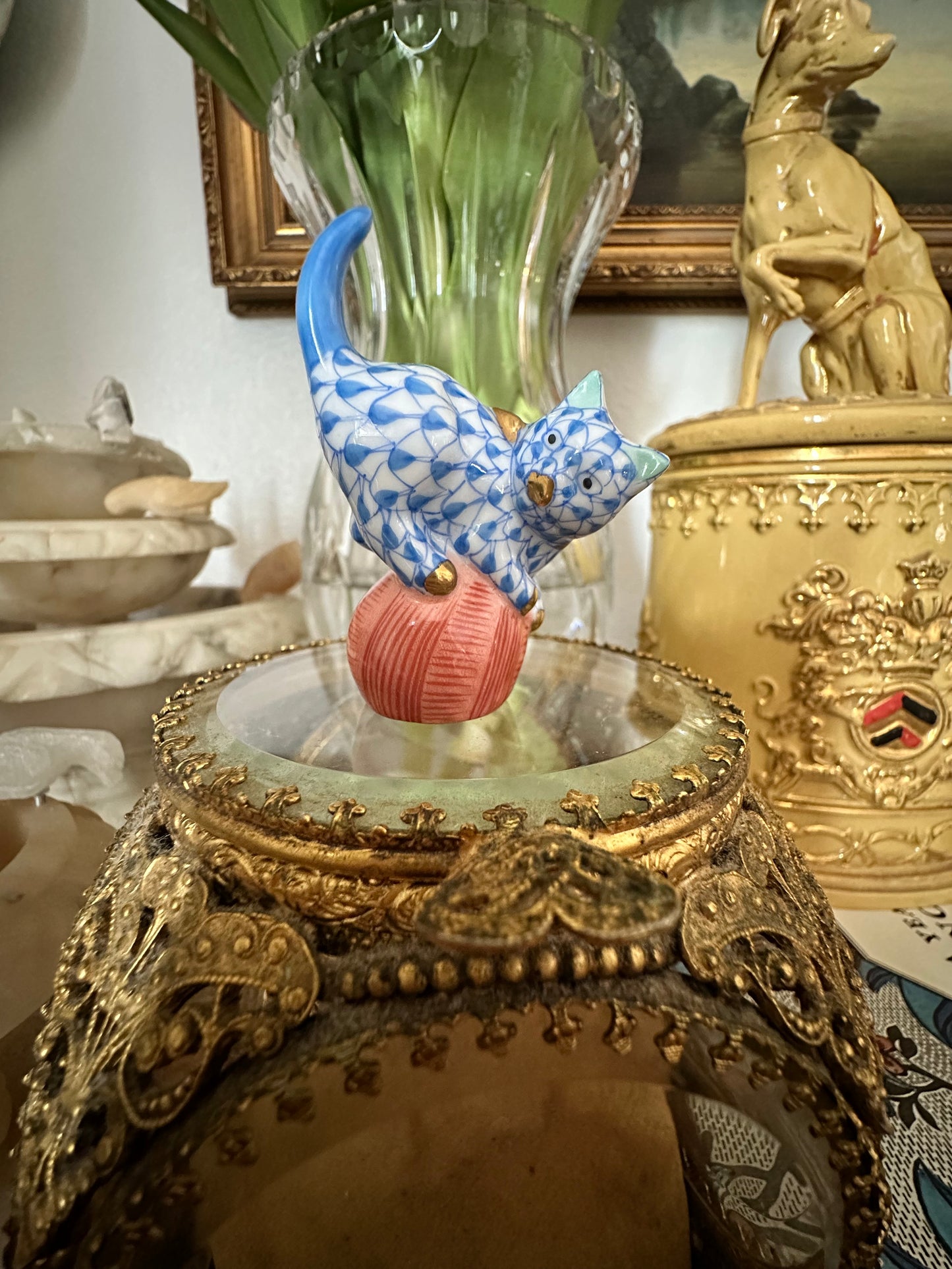 Herend Hand-Painted Blue Fishnet Kitten with Pink Yarn Ball | Miniature Porcelain Figurine