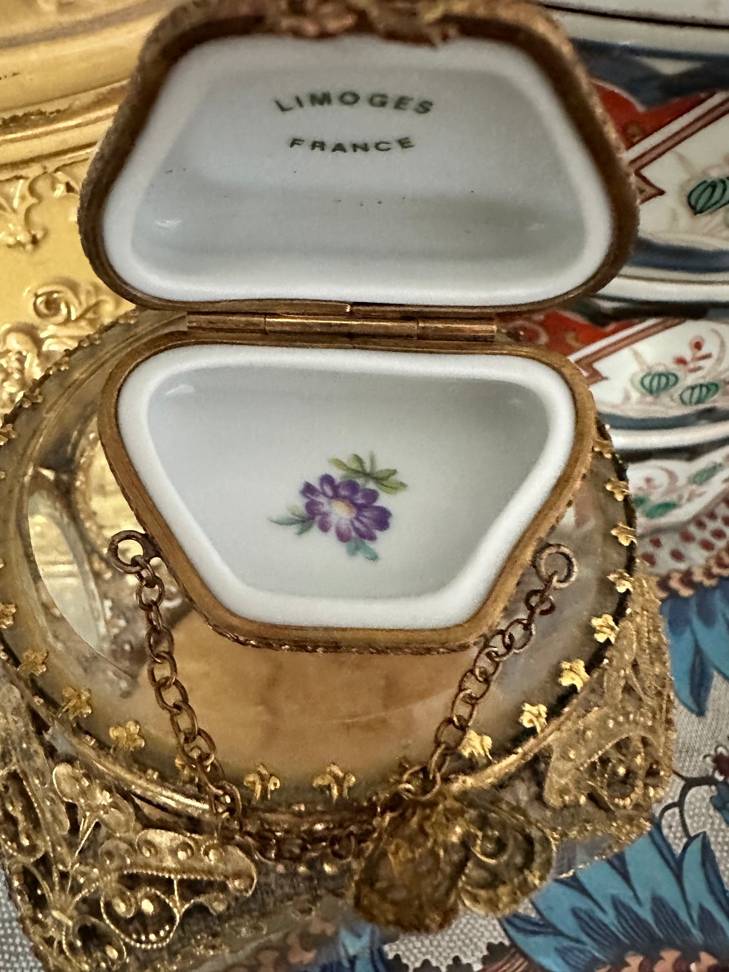 Antique French Limoges Porcelain Miniature Handbag Trinket Box with Brass Mount