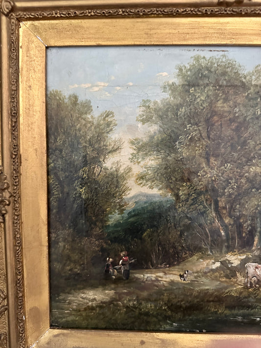 Antique 19th Century European Pastoral Oil Painting with Cattle & Figures | Original Gilt Gesso Frame