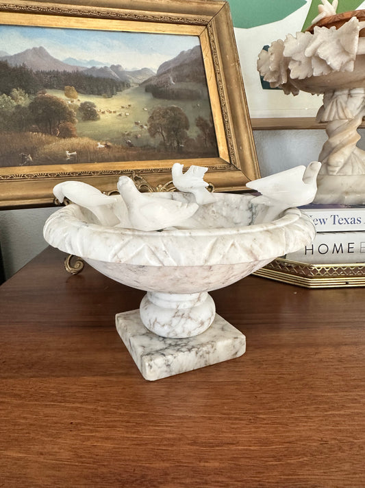 Vintage Alabaster Birdbath with Carved Birds