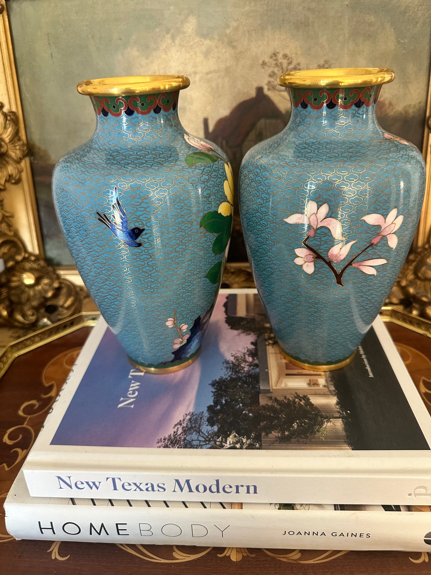 Vintage Cloisonne Vases Turquoise Floral