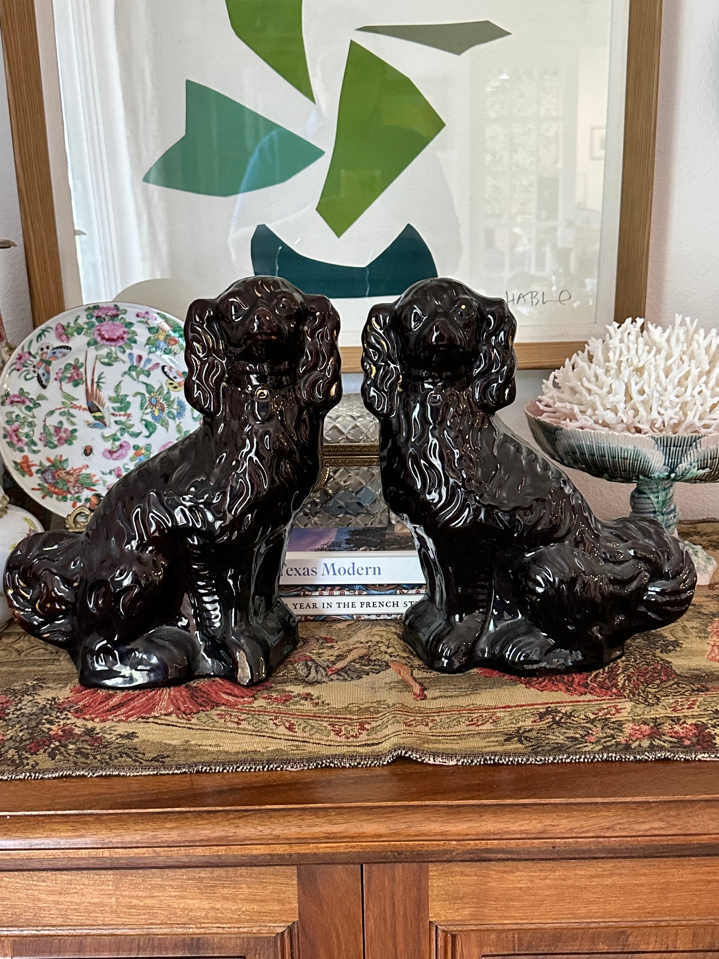 Antique Black Staffordshire Spaniel Dogs, Pair | 12” Ceramic Mantel Dogs