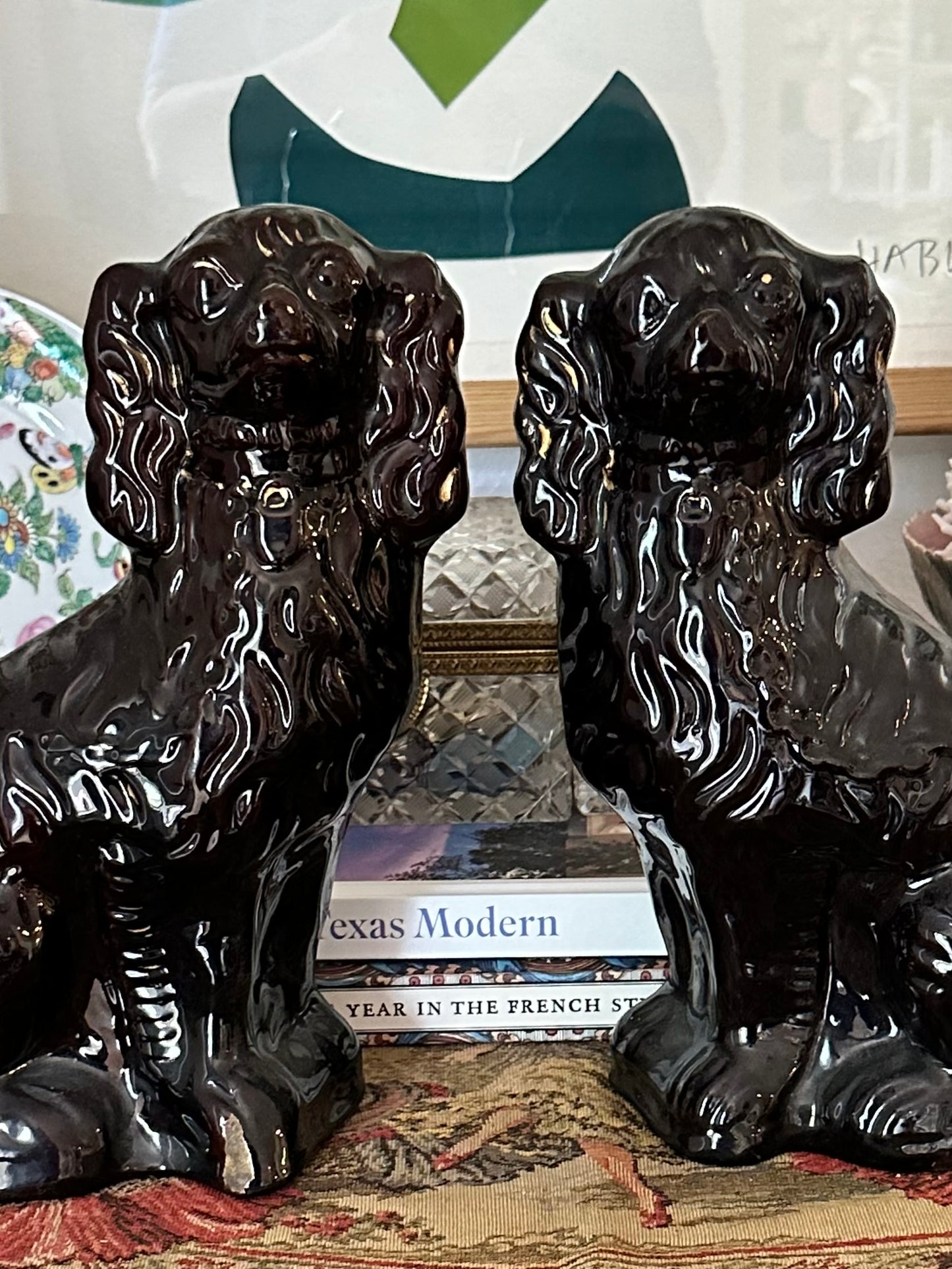 Antique Black Staffordshire Spaniel Dogs, Pair | 12” Ceramic Mantel Dogs