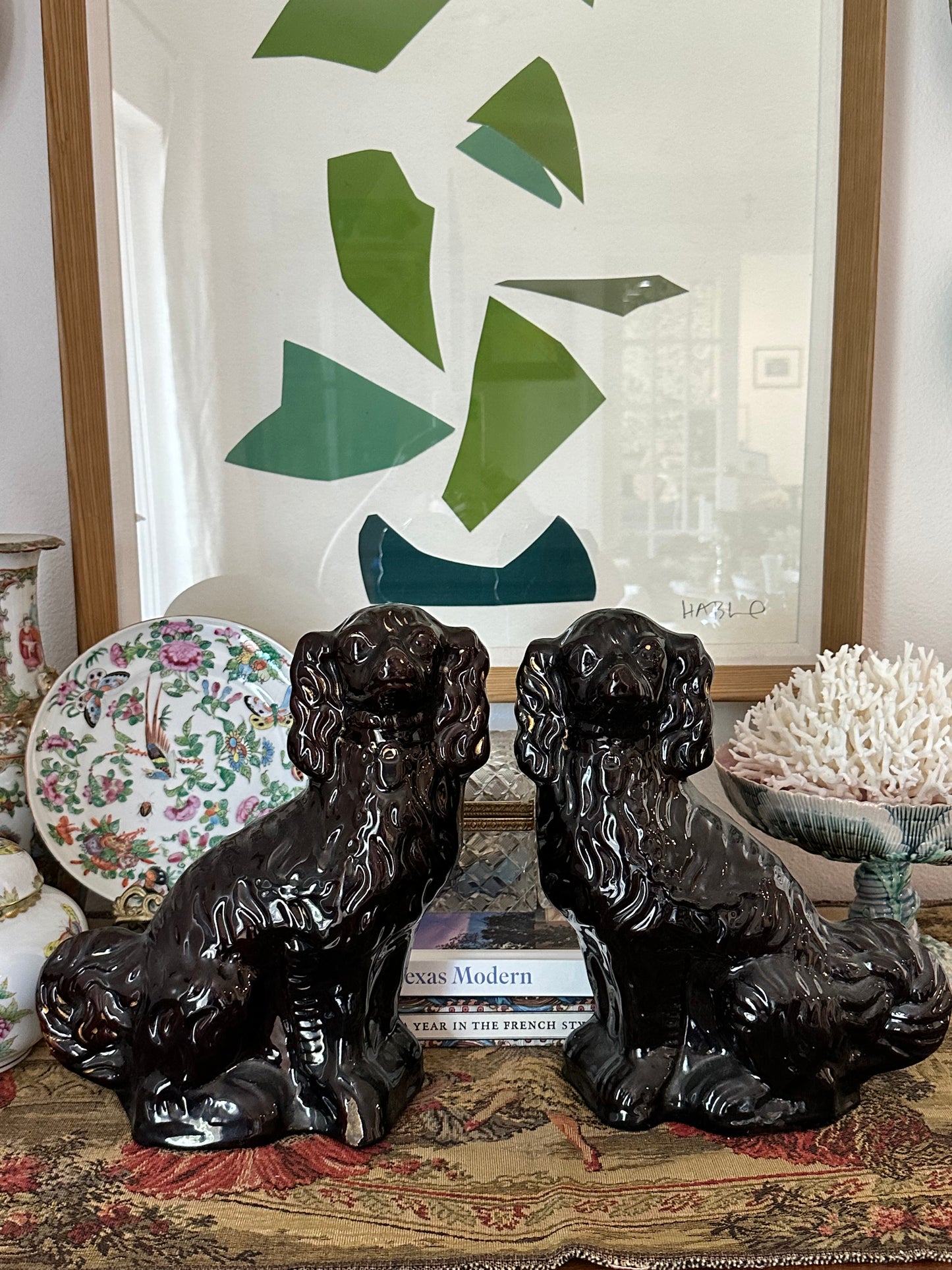 Antique Black Staffordshire Spaniel Dogs, Pair | 12” Ceramic Mantel Dogs