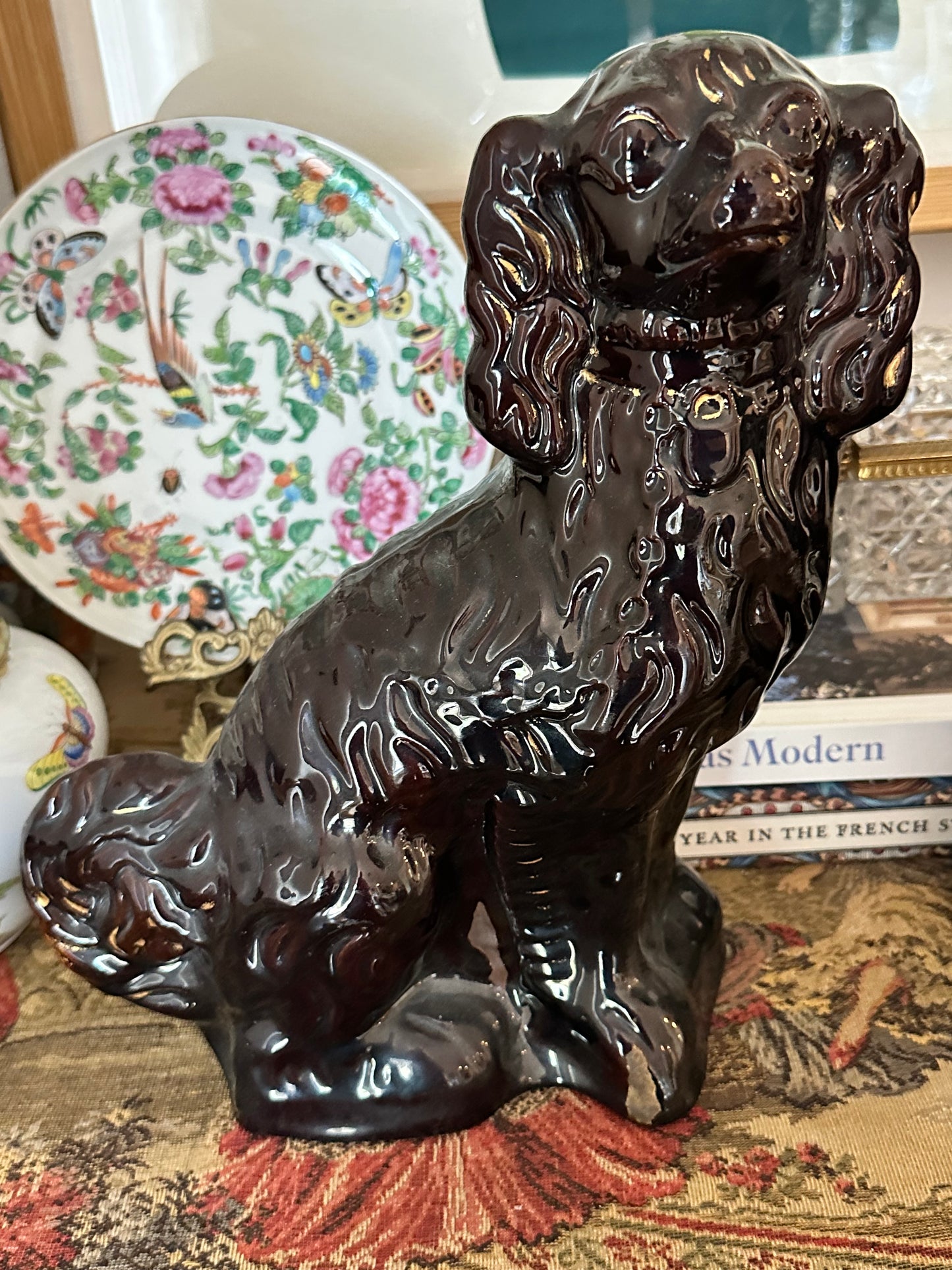 Antique Black Staffordshire Spaniel Dogs, Pair | 12” Ceramic Mantel Dogs