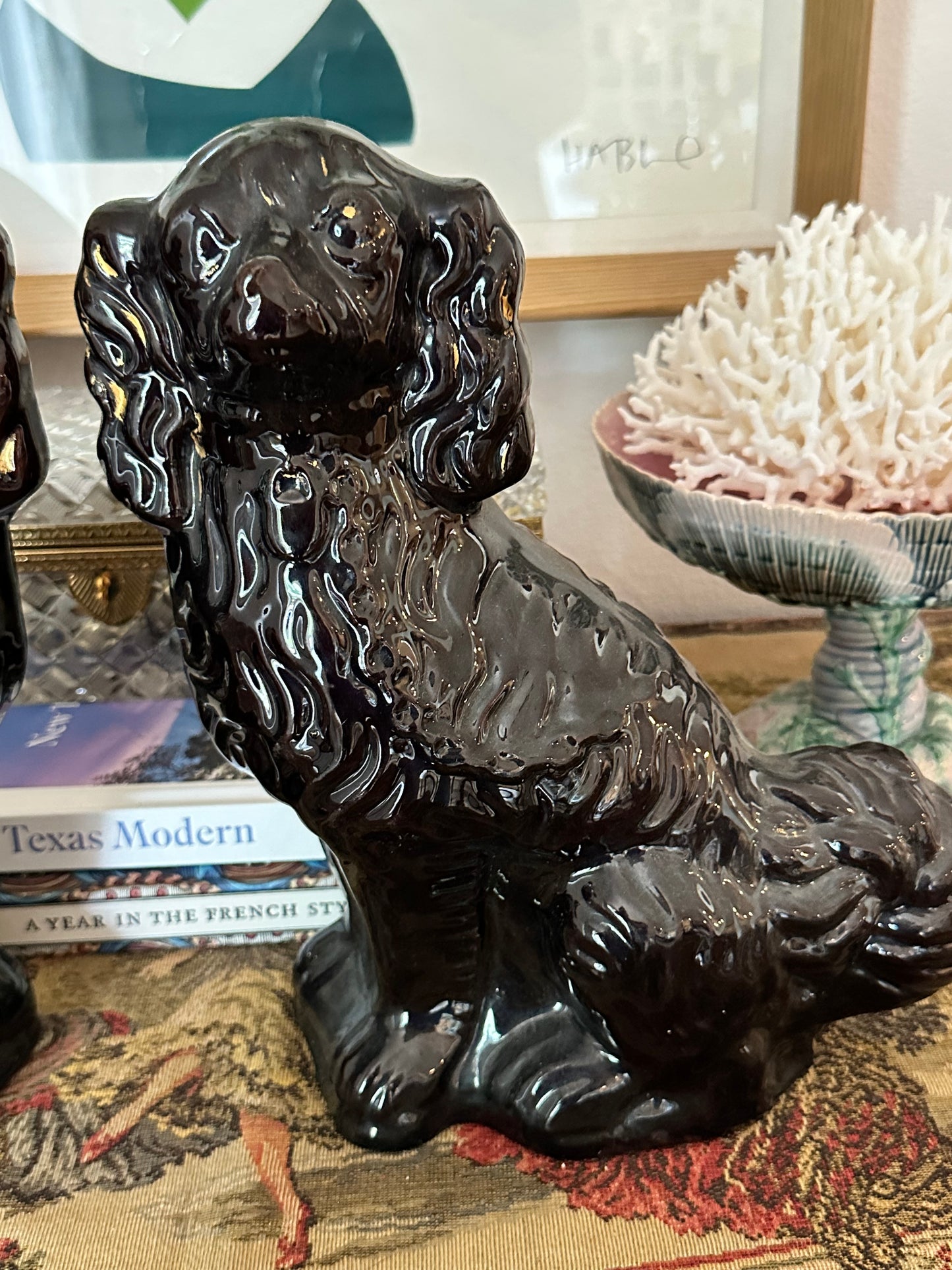 Antique Black Staffordshire Spaniel Dogs, Pair | 12” Ceramic Mantel Dogs