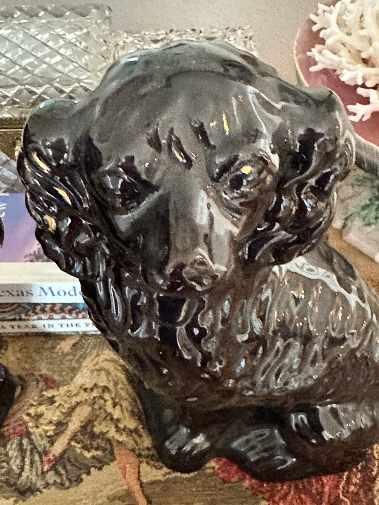 Antique Black Staffordshire Spaniel Dogs, Pair | 12” Ceramic Mantel Dogs