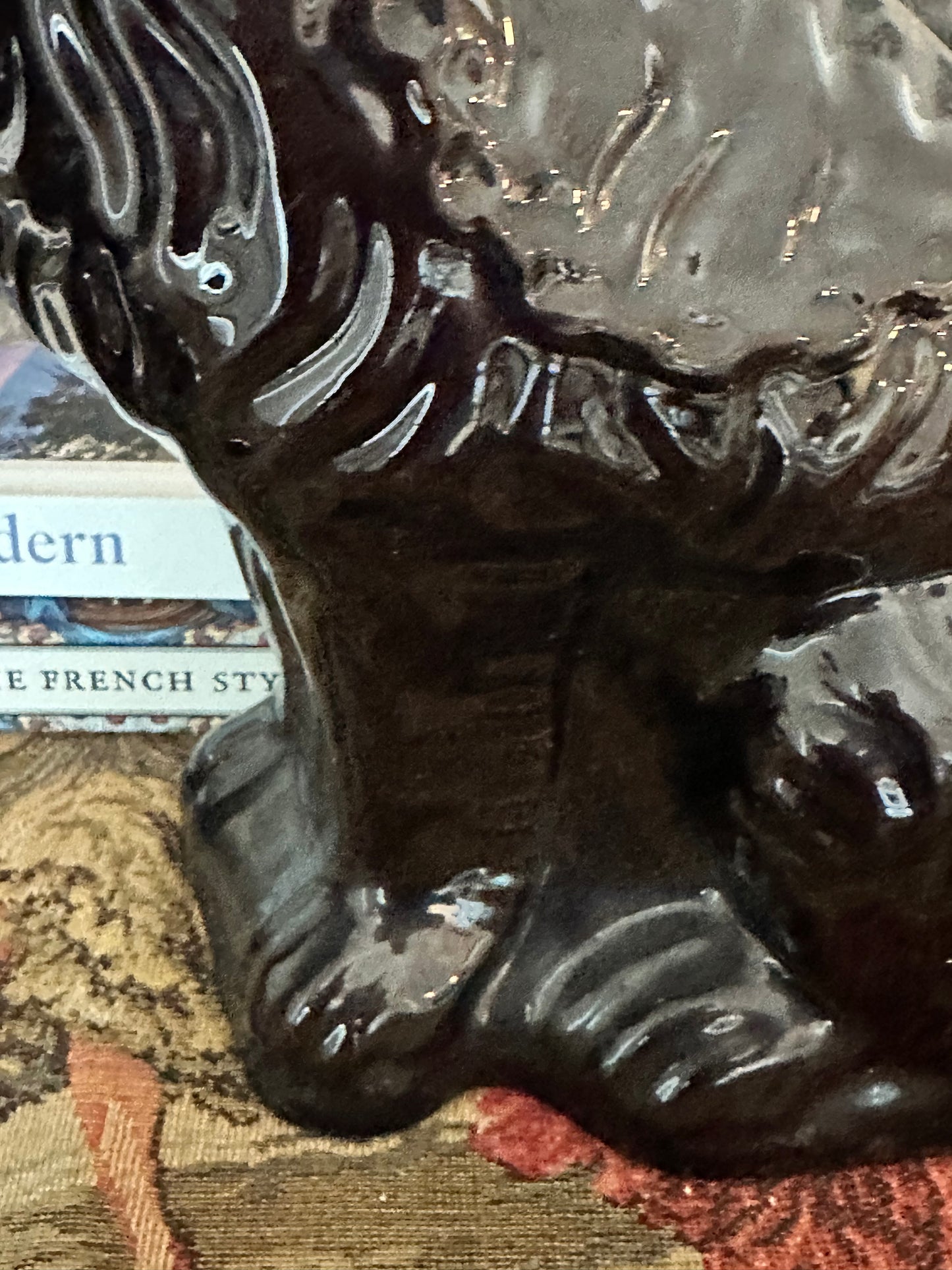 Antique Black Staffordshire Spaniel Dogs, Pair | 12” Ceramic Mantel Dogs