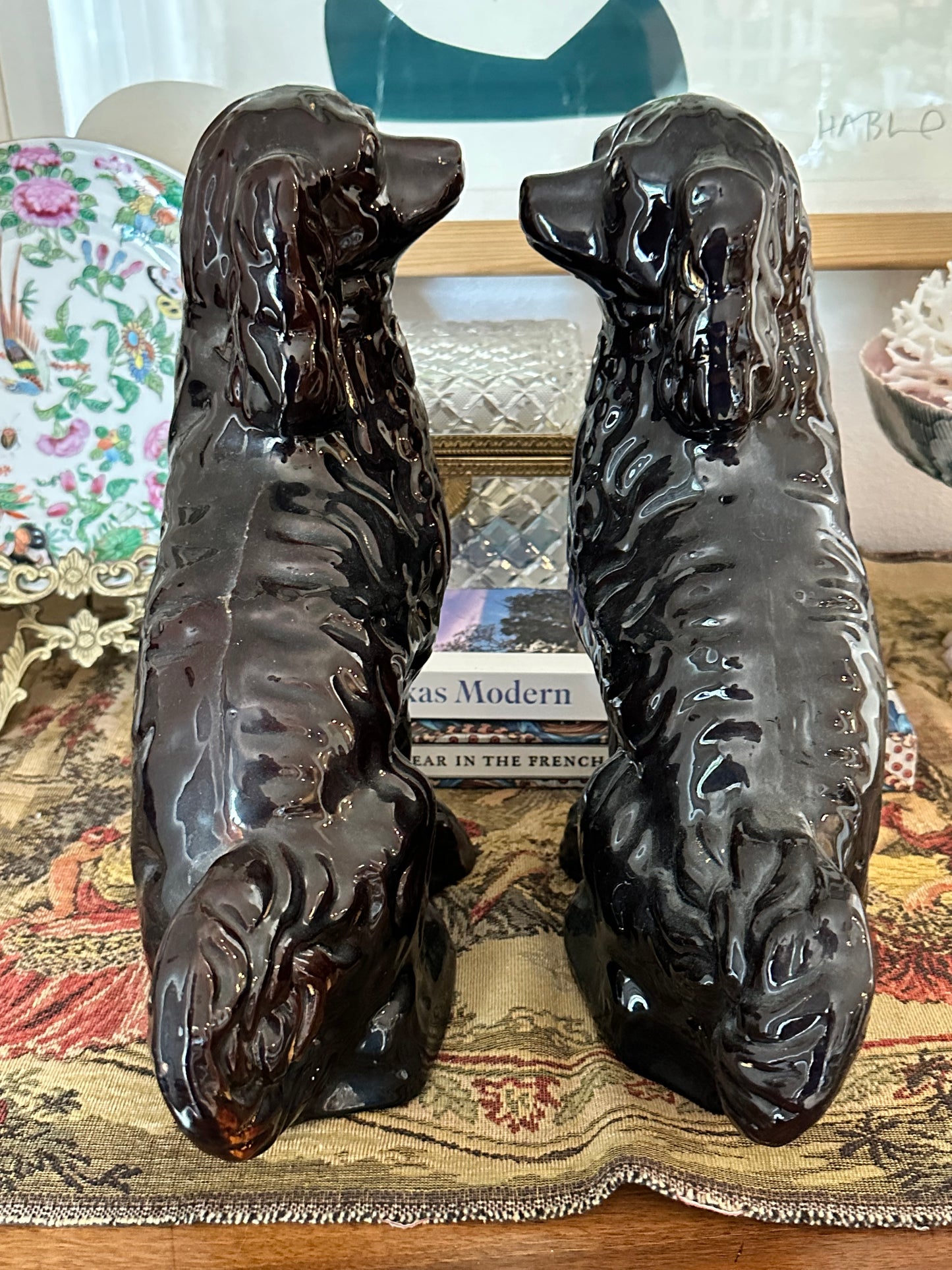 Antique Black Staffordshire Spaniel Dogs, Pair | 12” Ceramic Mantel Dogs