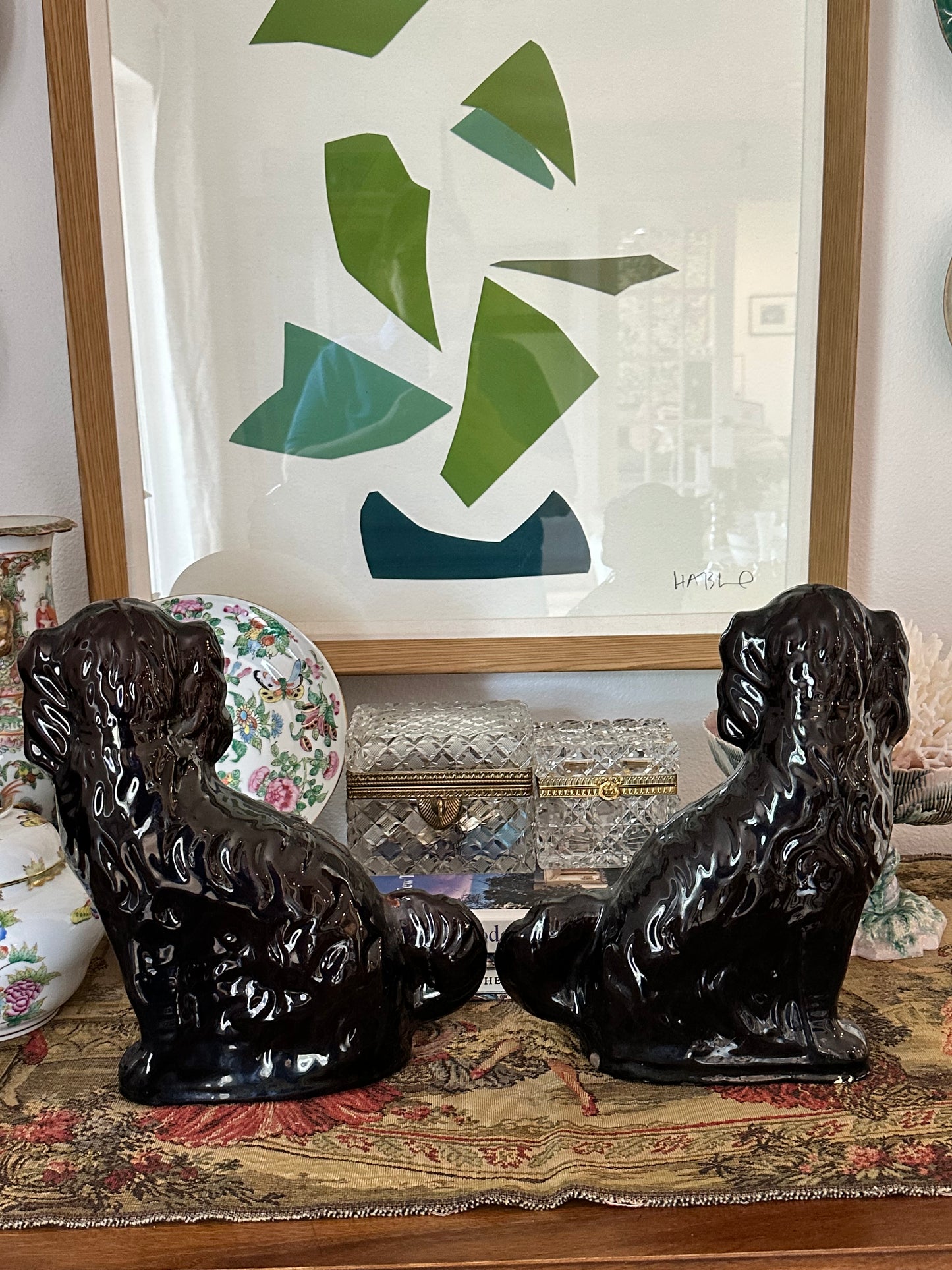 Antique Black Staffordshire Spaniel Dogs, Pair | 12” Ceramic Mantel Dogs