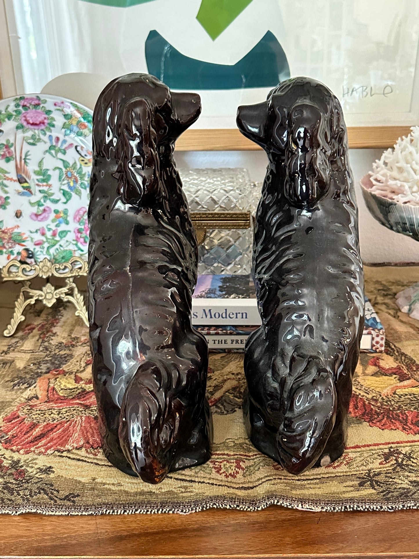 Antique Black Staffordshire Spaniel Dogs, Pair | 12” Ceramic Mantel Dogs
