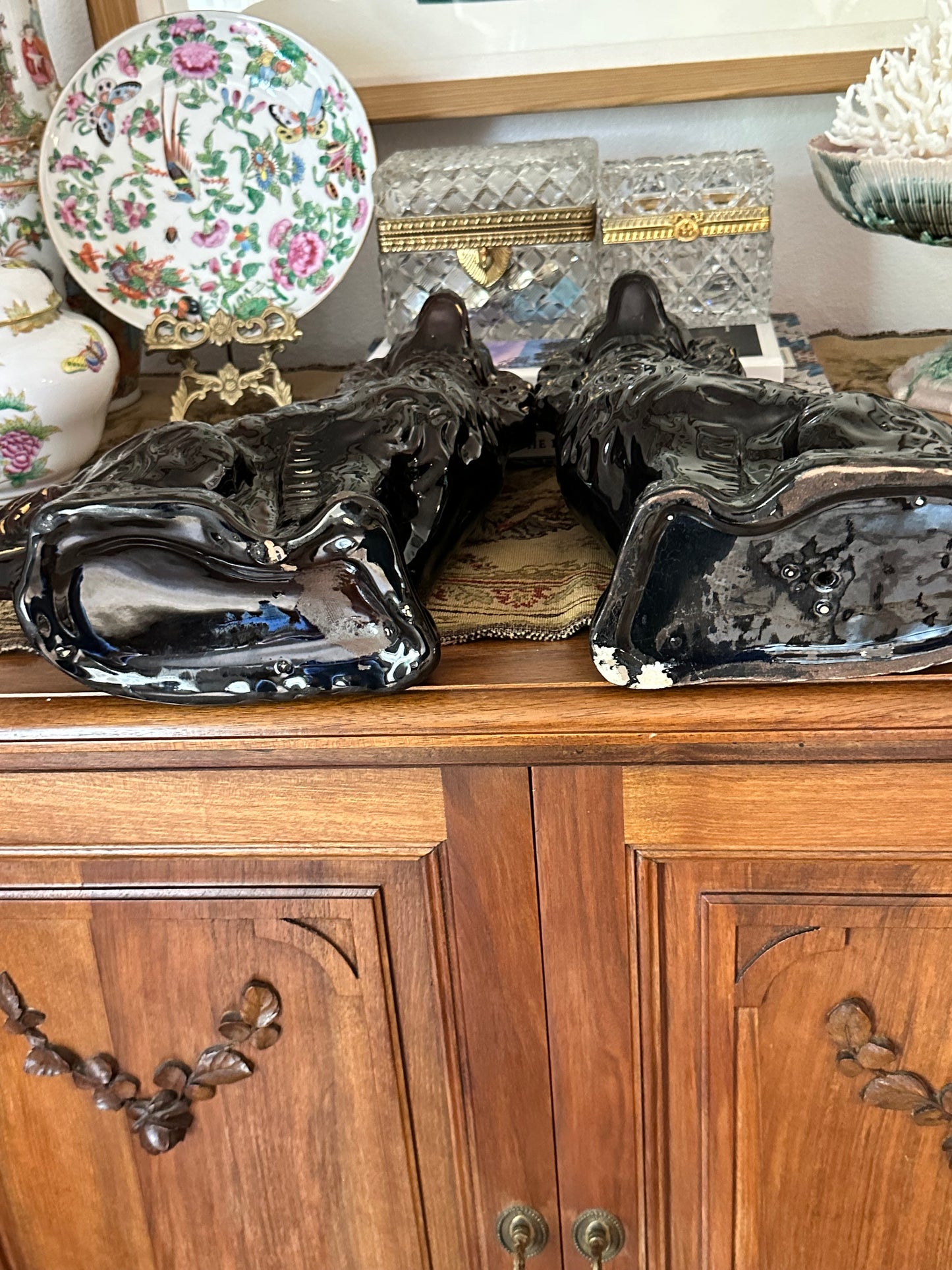 Antique Black Staffordshire Spaniel Dogs, Pair | 12” Ceramic Mantel Dogs