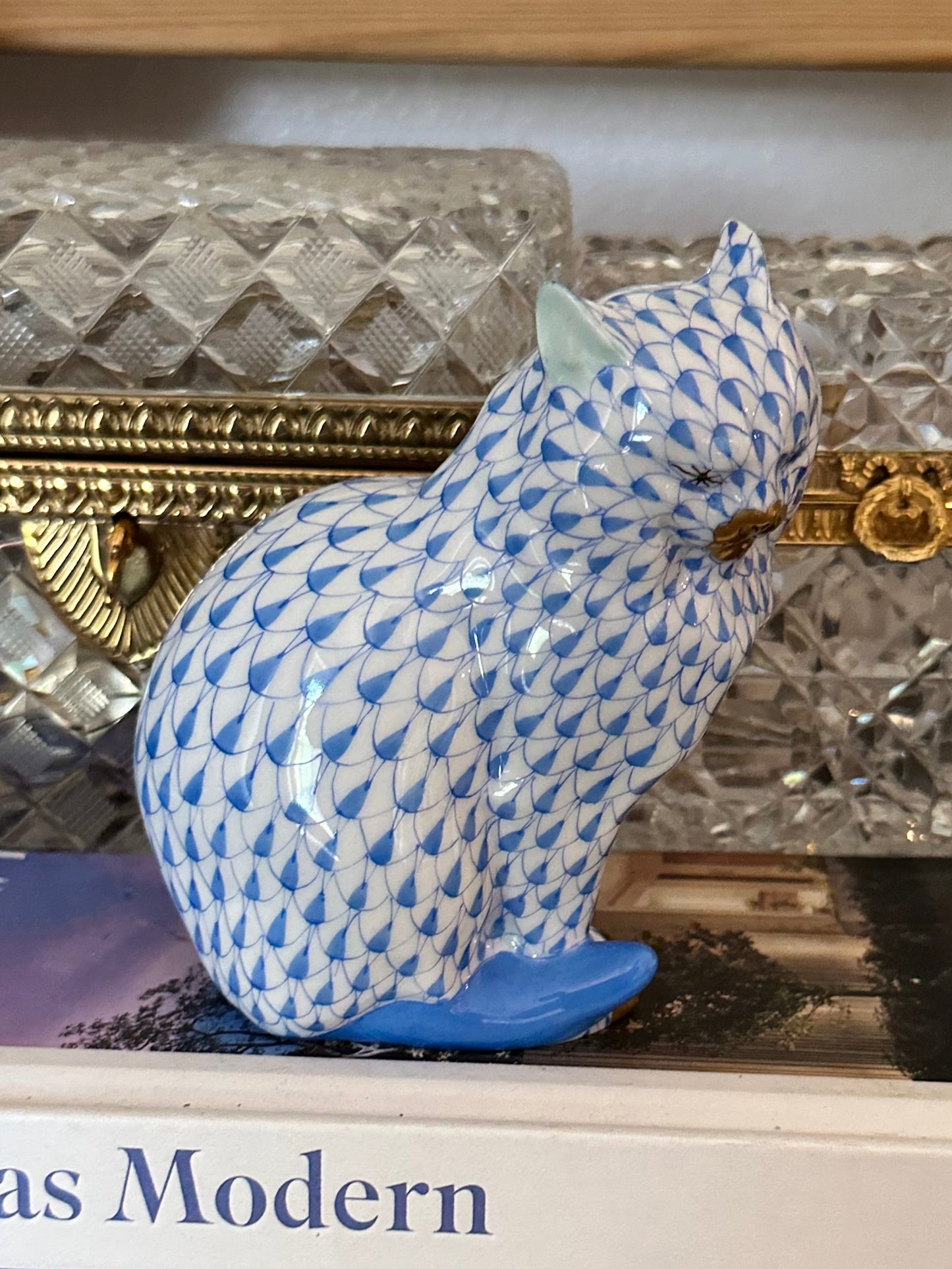 Herend Hungary Blue Fishnet Cat Figurine | Handpainted Porcelain