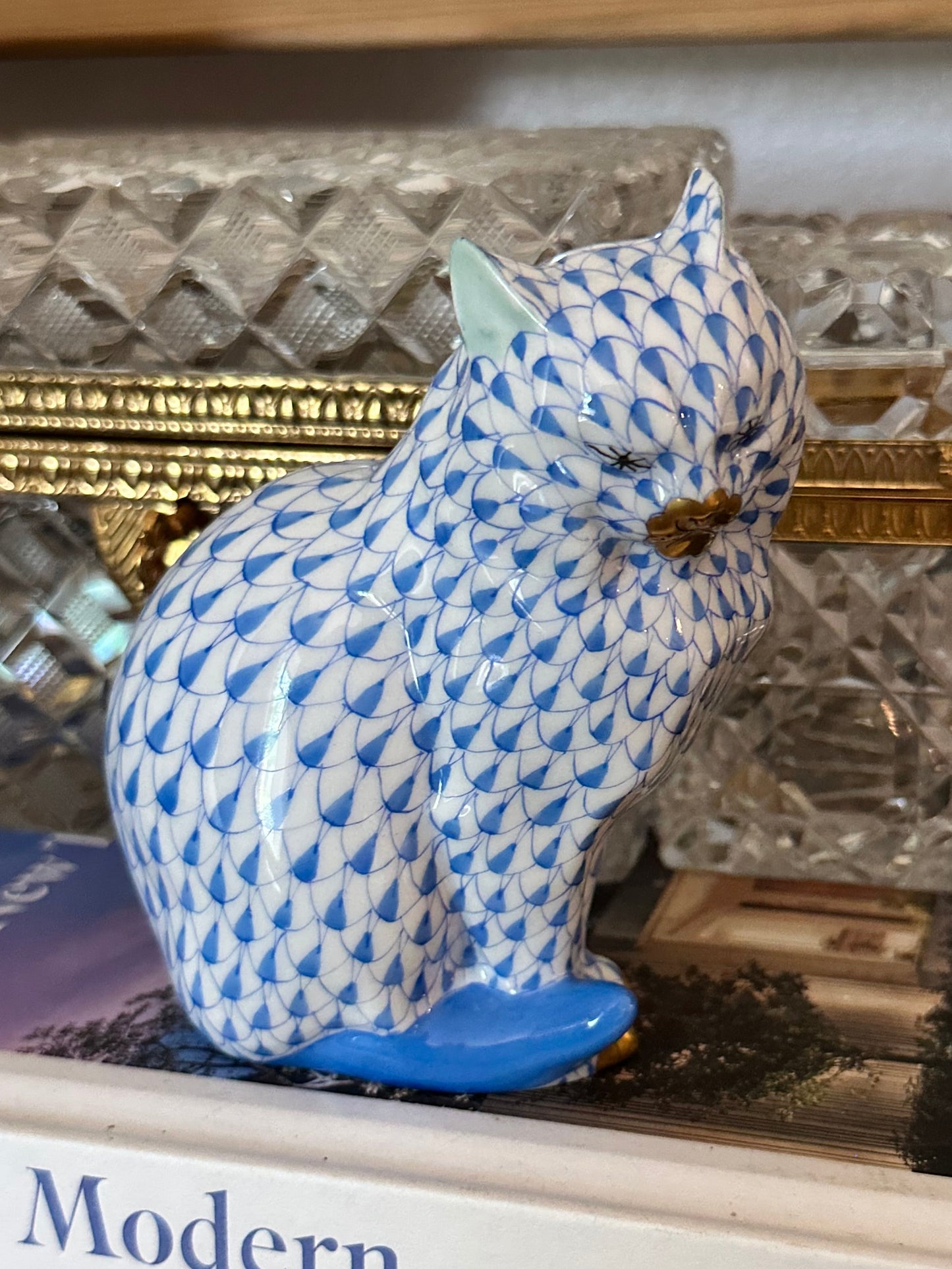 Herend Hungary Blue Fishnet Cat Figurine | Handpainted Porcelain