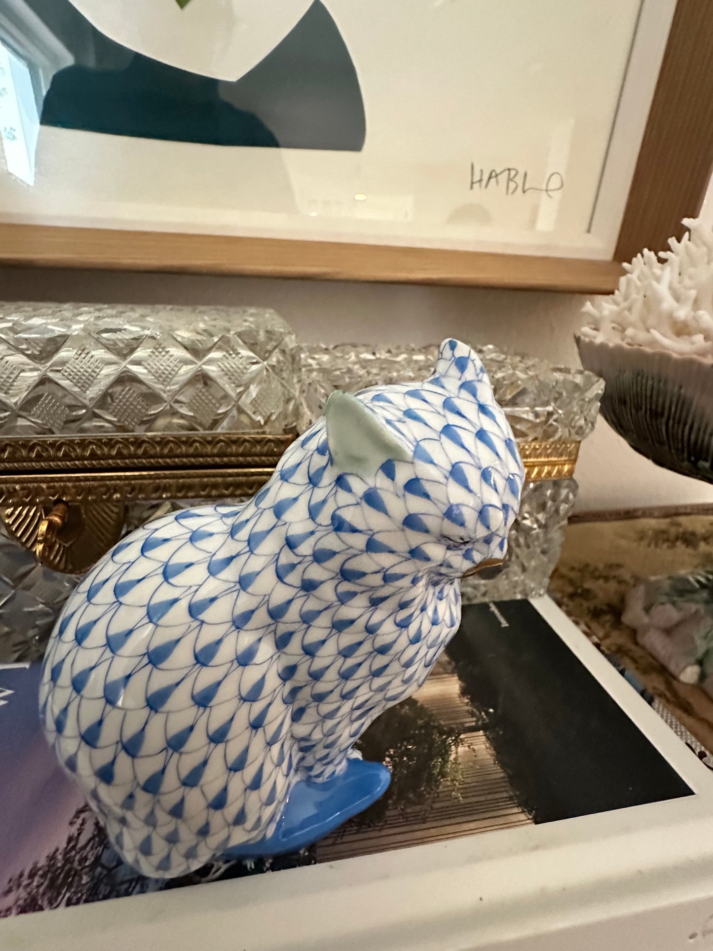 Herend Hungary Blue Fishnet Cat Figurine | Handpainted Porcelain