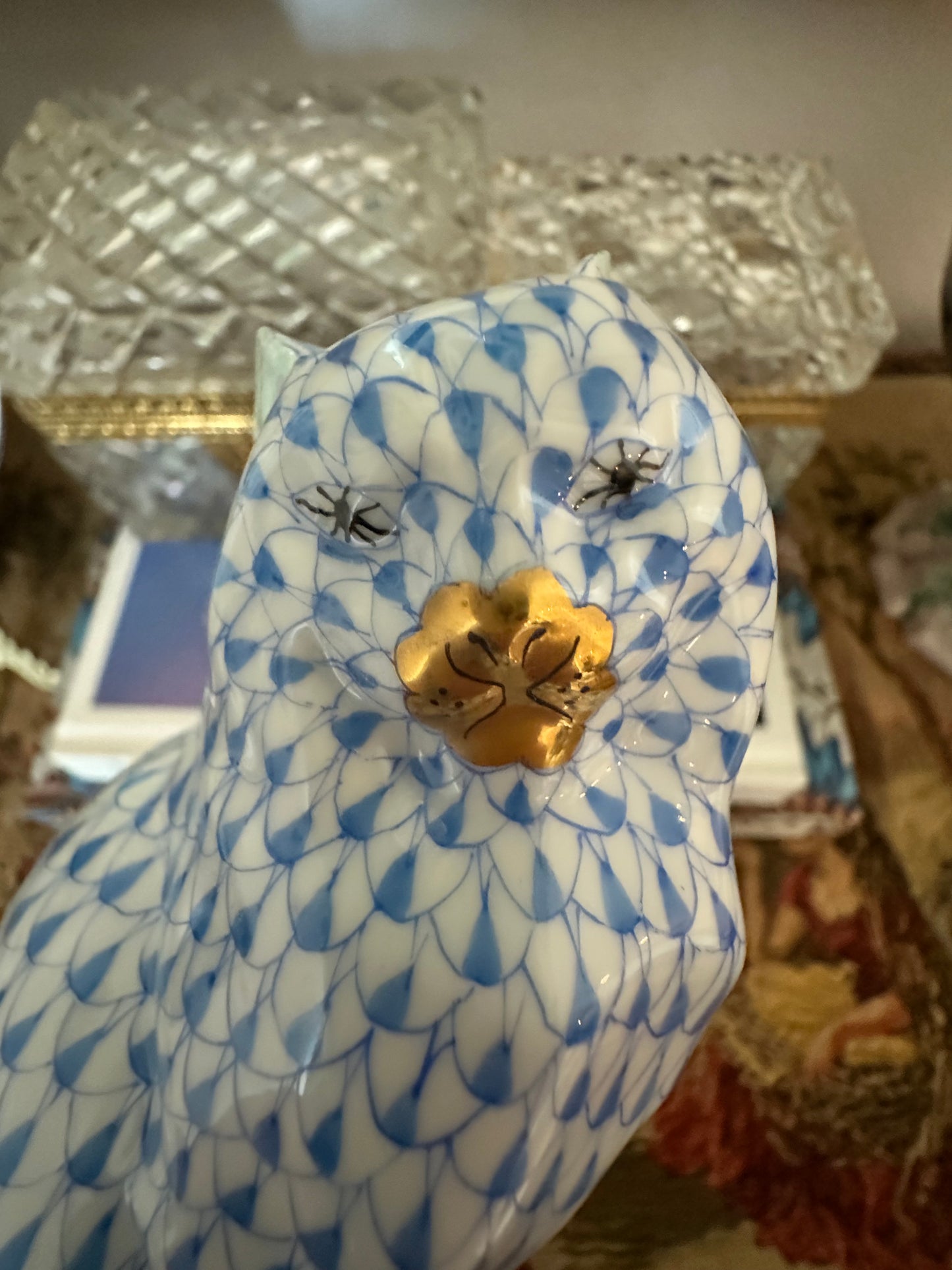 Herend Hungary Blue Fishnet Cat Figurine | Handpainted Porcelain