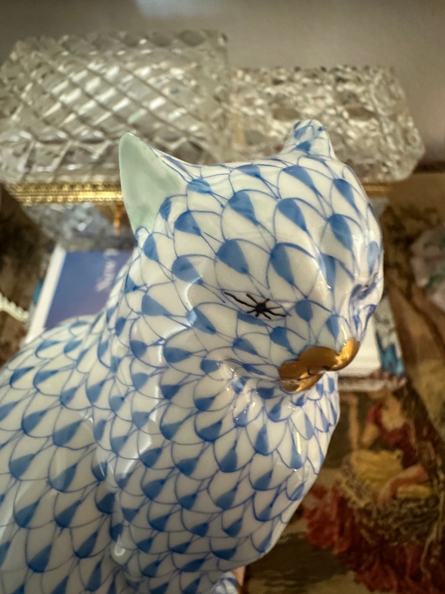Herend Hungary Blue Fishnet Cat Figurine | Handpainted Porcelain