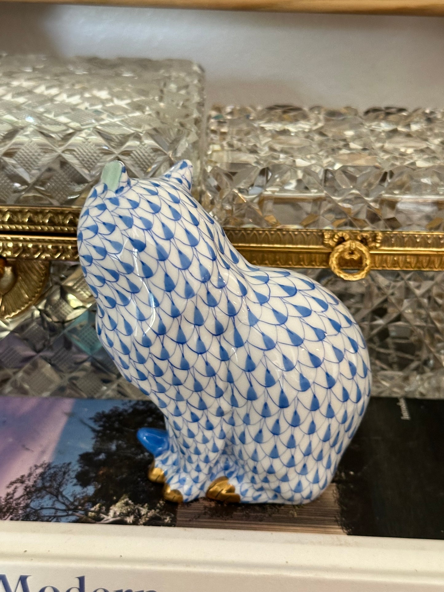 Herend Hungary Blue Fishnet Cat Figurine | Handpainted Porcelain