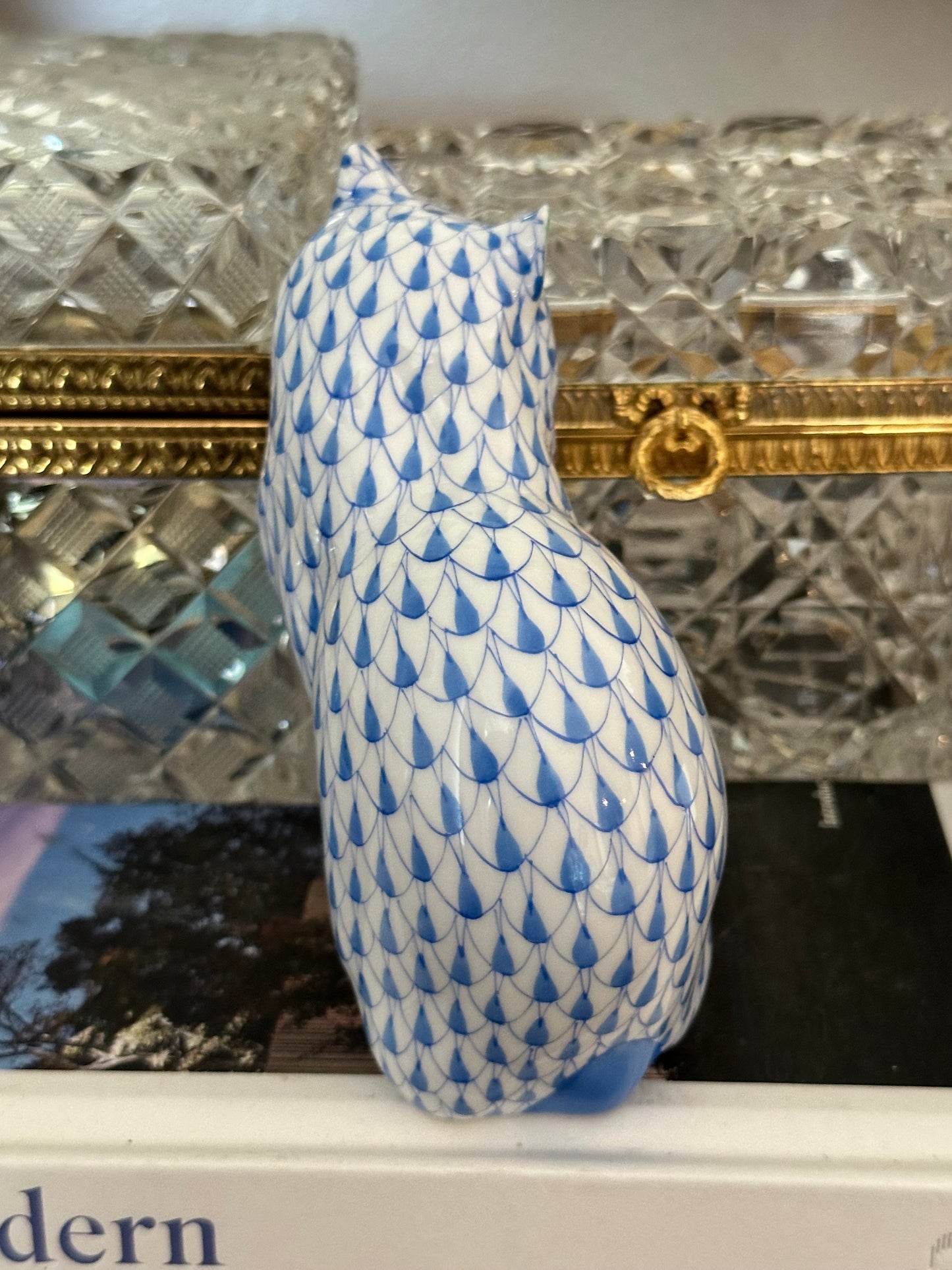 Herend Hungary Blue Fishnet Cat Figurine | Handpainted Porcelain
