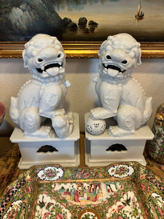 Large White Porcelain Foo Dogs Pair 14"