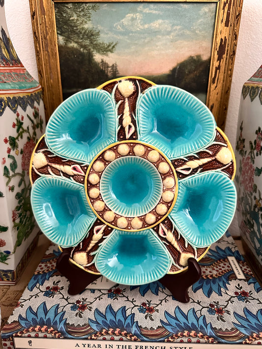 Antique English Majolica Oyster Plate, Minton Style