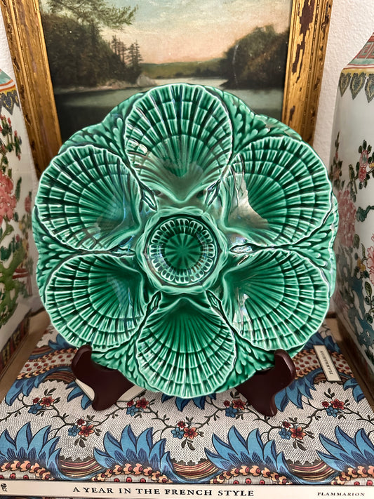 Antique Sarreguemines French Majolica Oyster Plate – Emerald Green