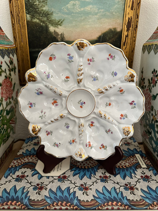 Antique Porcelain Oyster Plate with Floral & Gilt Decoration
