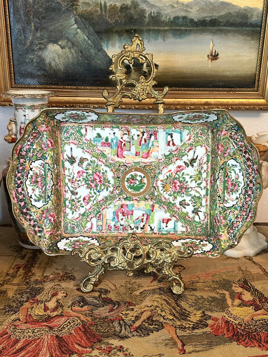 Antique Chinese Rose Medallion Reticulated Porcelain Tray