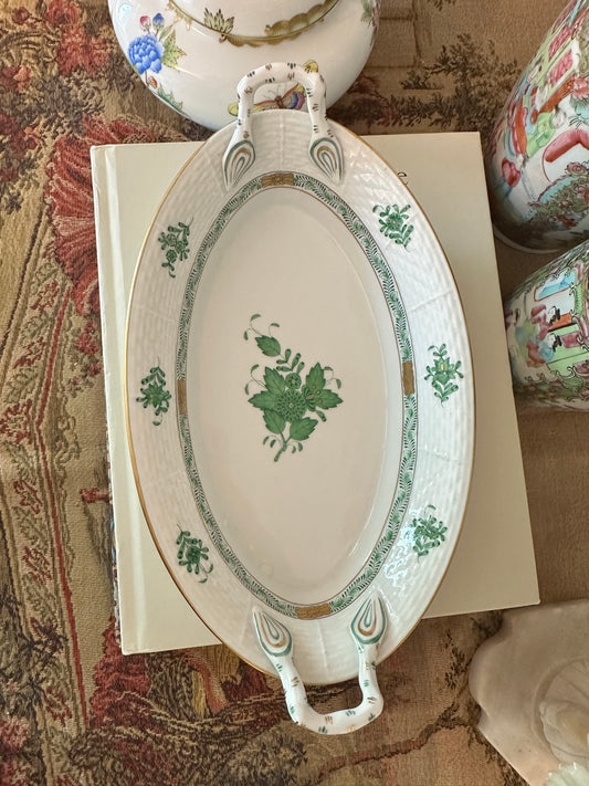 Vintage Herend Hungary Chinese Bouquet Green Oval Serving Dish