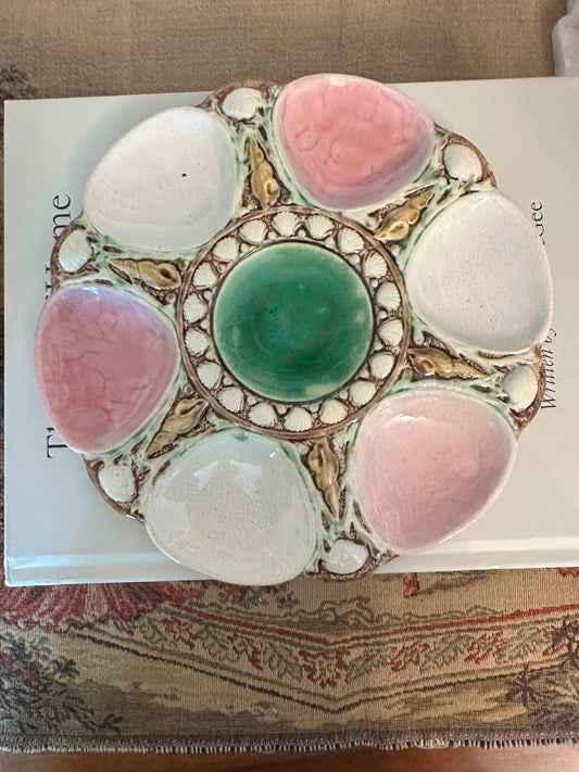 Antique Majolica Oyster Plate with Pink Wells and Green Center Sauce Well
