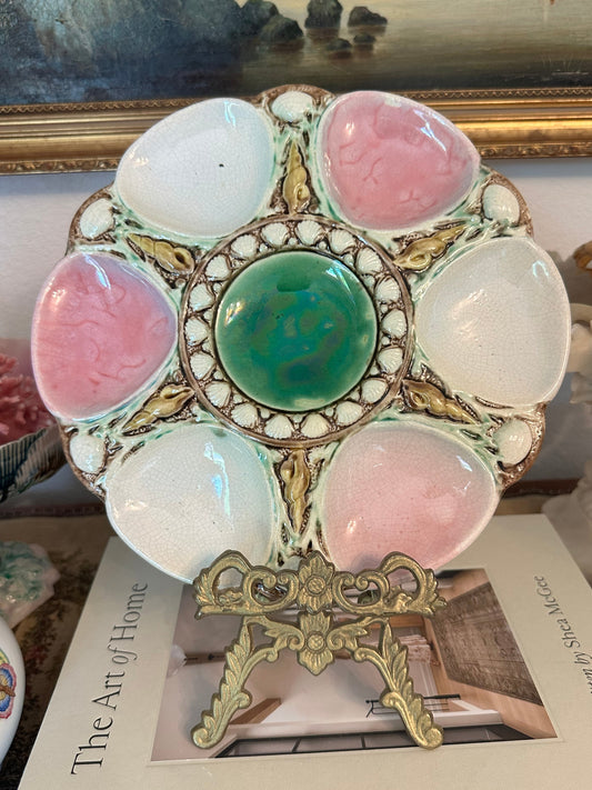 Antique Majolica Oyster Plate with Pink Wells and Green Center Sauce Well