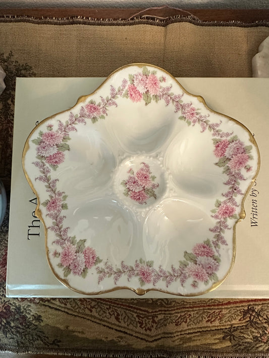 Antique Elite Limoges France Oyster Plate Pink Floral Gilt Porcelain
