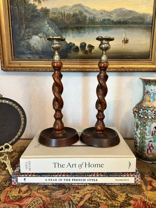 Antique Barley Twist Wood and Brass Candlesticks Pair