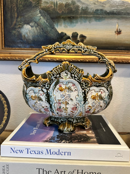 Antique Majolica Style Jardinière Basket Cachepot with Floral Panels