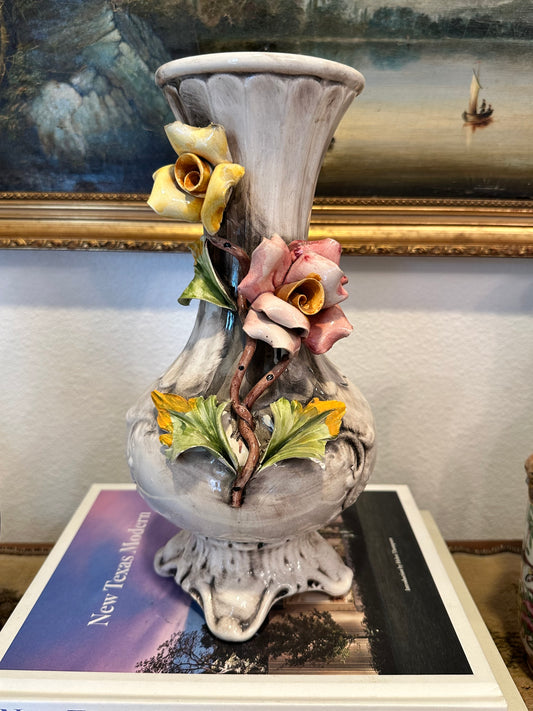 Vintage Italian Capodimonte Floral Vase with Applied Roses 11.25”