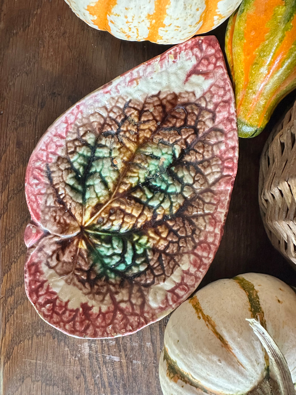 Early 20th Century Majolica Leaf Dish – Rose Red & Green – 9"
