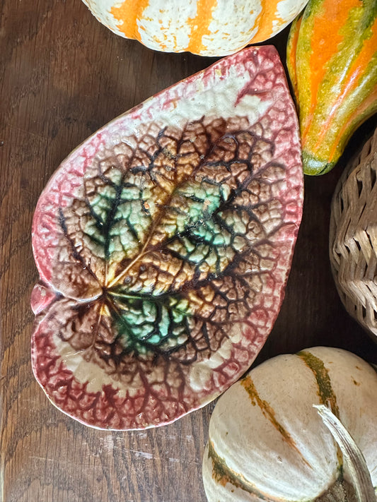 Early 20th Century Majolica Leaf Dish – Rose Red & Green – 9"