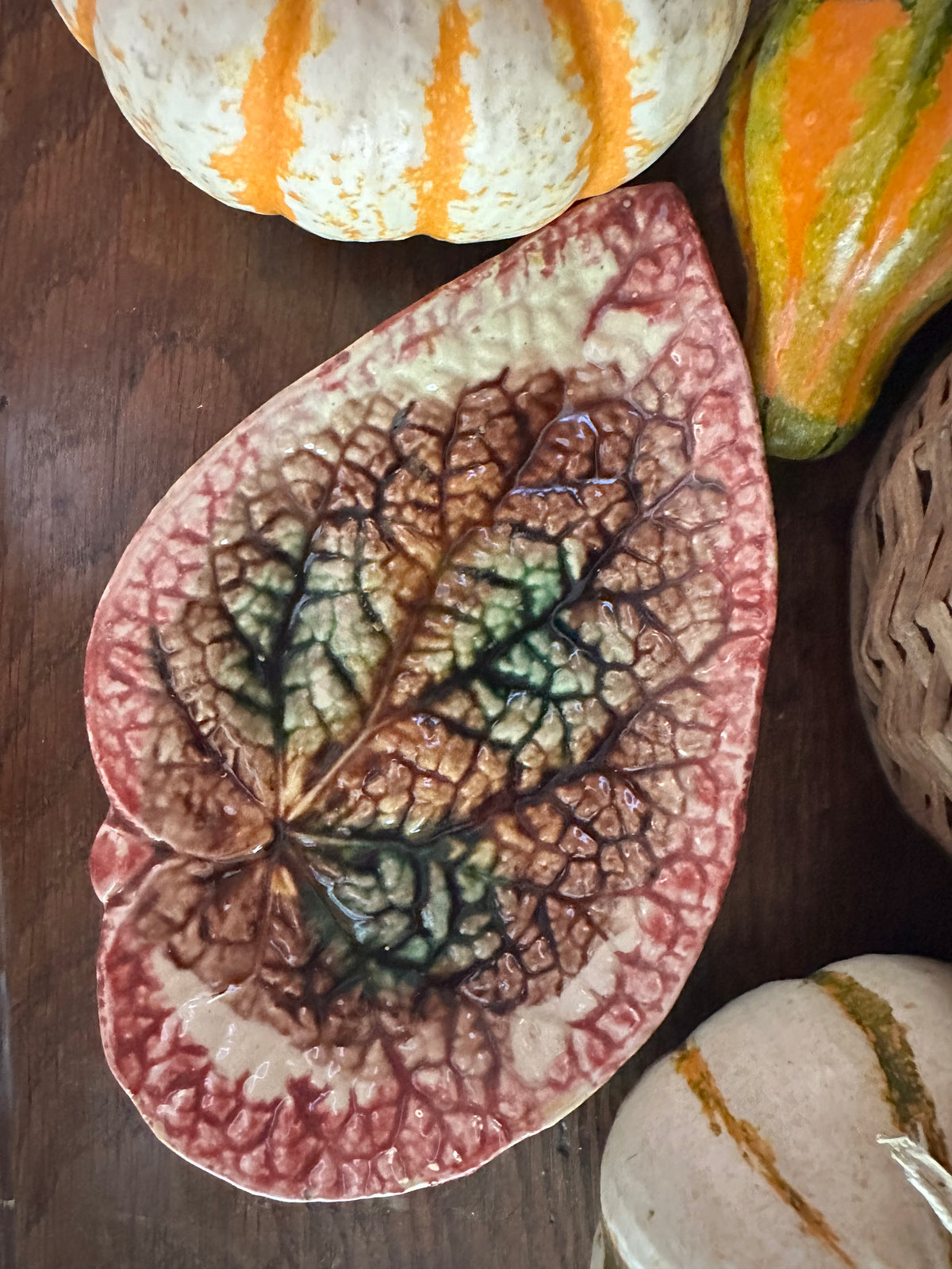 Early 20th Century Majolica Leaf Dish – Rose Red & Green – 9"