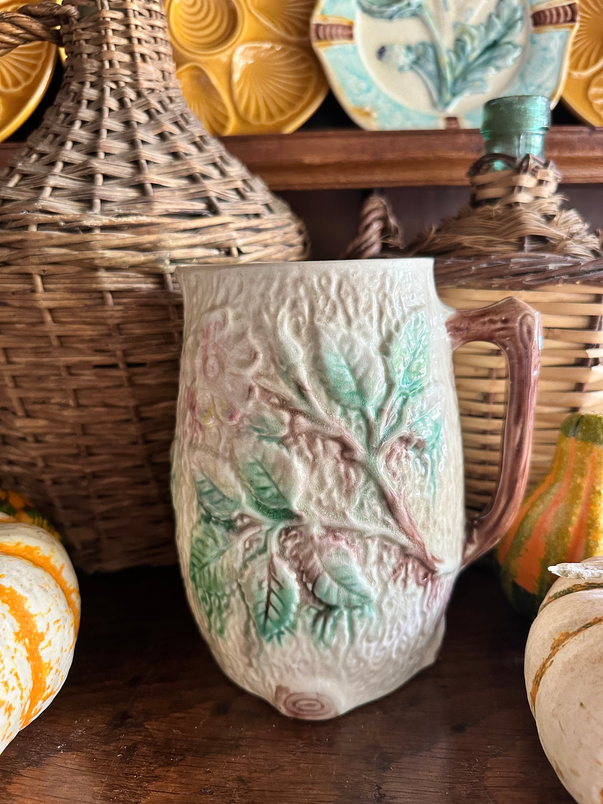 Antique Majolica Floral Pitcher - 7"