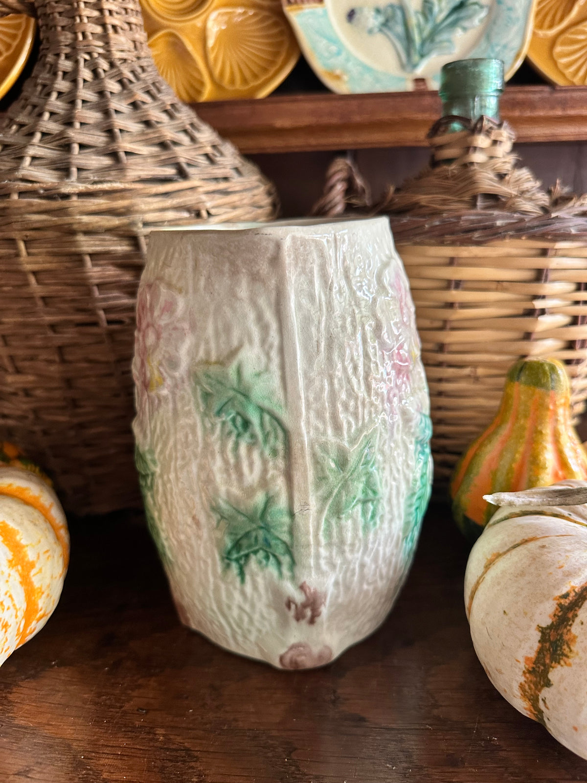Antique Majolica Floral Pitcher - 7"