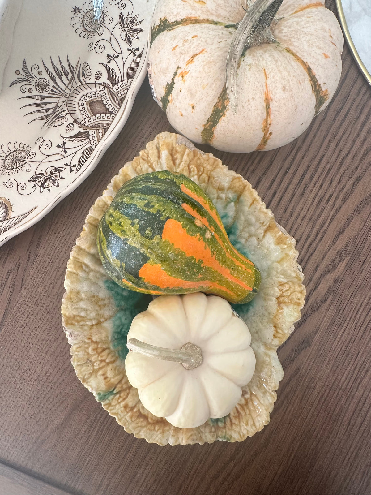 Antique Majolica Leaf Dish – Green & Ochre – 7.75"