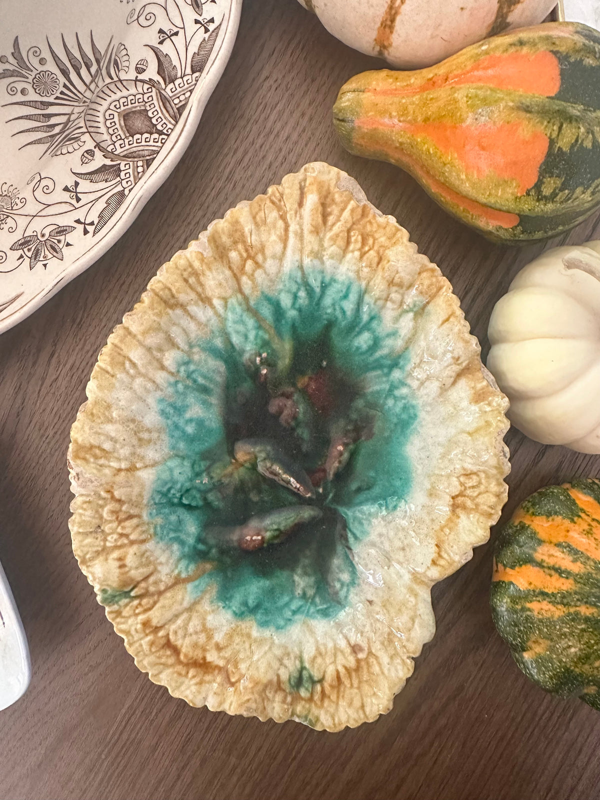 Antique Majolica Leaf Dish – Green & Ochre – 7.75"