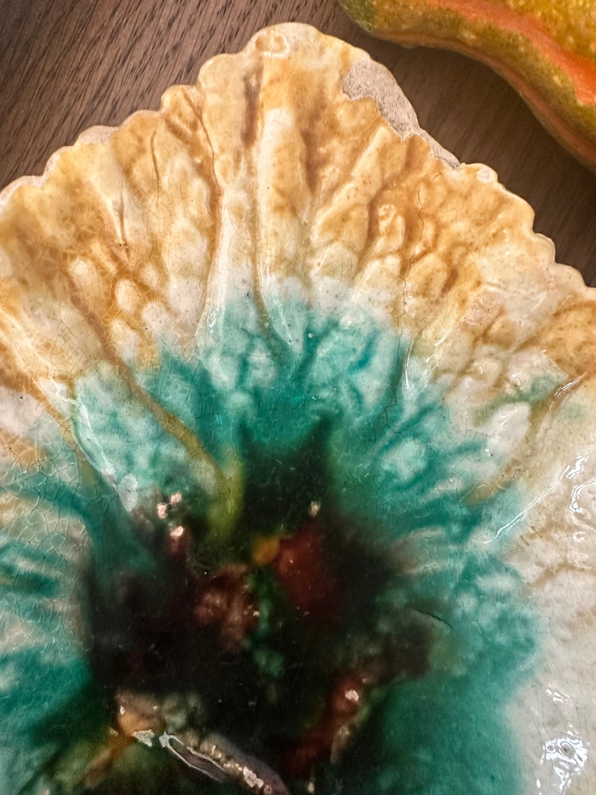 Antique Majolica Leaf Dish – Green & Ochre – 7.75"
