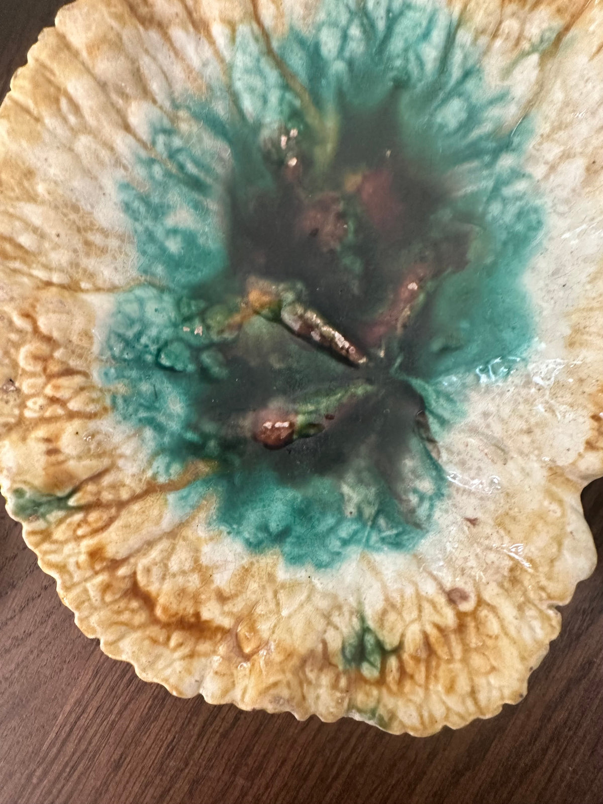 Antique Majolica Leaf Dish – Green & Ochre – 7.75"