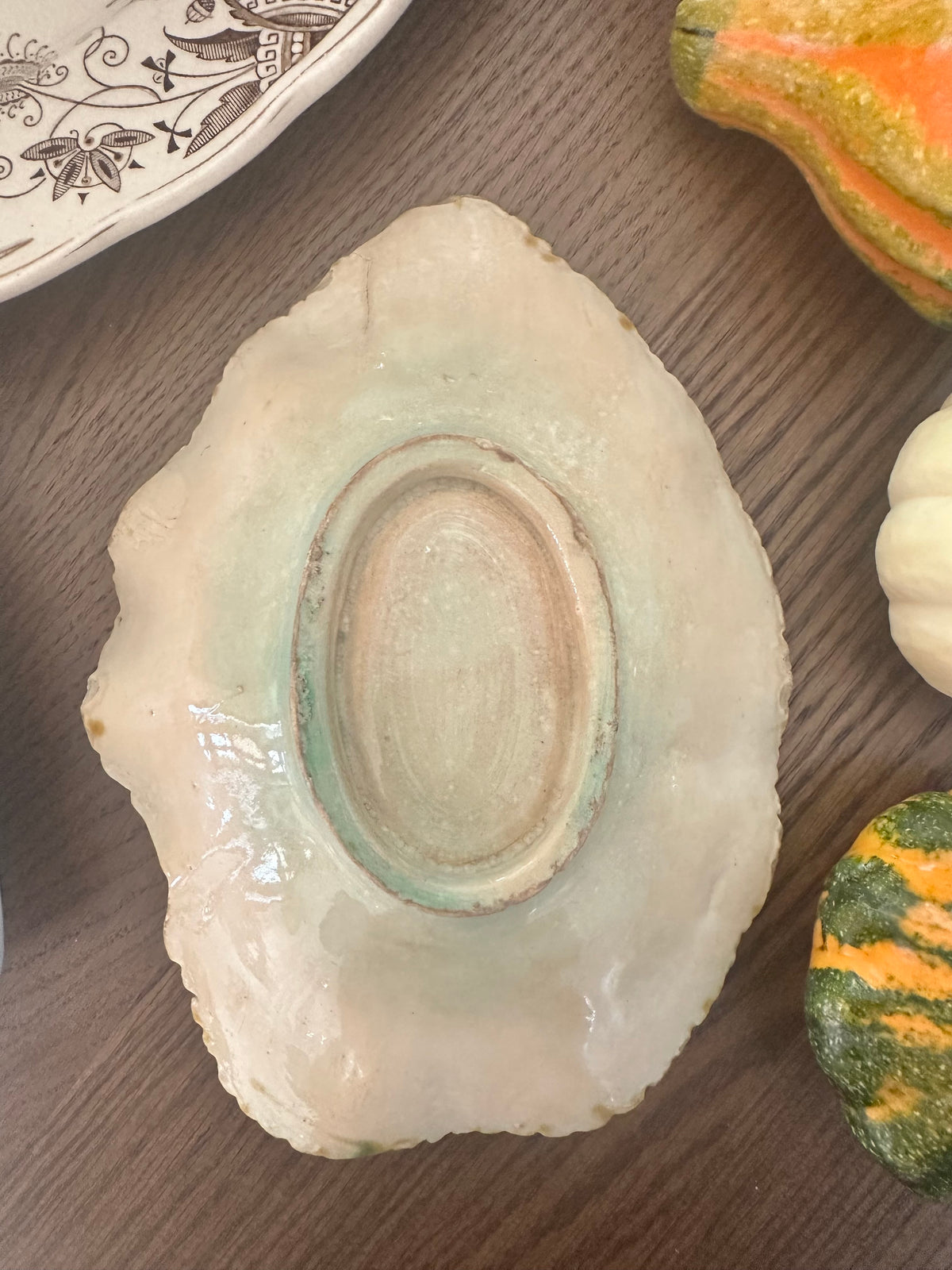Antique Majolica Leaf Dish – Green & Ochre – 7.75"