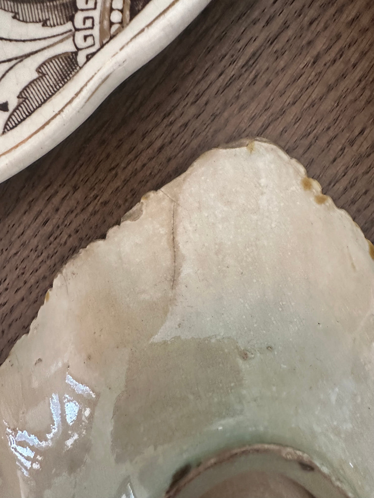 Antique Majolica Leaf Dish – Green & Ochre – 7.75"